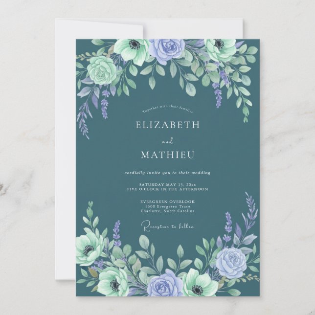 Convites Arranjo Floral de Casamento em Lavanda Turquesa (Frente)