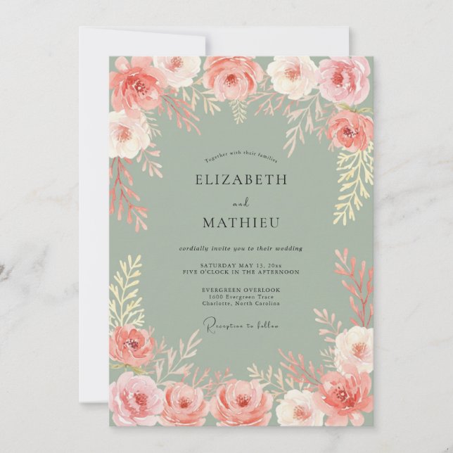 Convites Arranjo Floral de Coral Romance Casamento (Frente)
