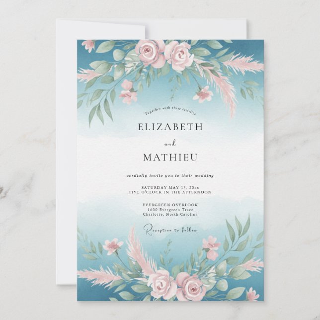 Convites Arranjo Floral Rosa Bebê Teal Casamento (Frente)
