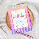 Convites Arranjo mbre do arco-íris de 16 anos<br><div class="desc">Feliz aniversário de 16 anos. Mande para fora este espantoso, moderno, minúsculo e cintilante ponto de confete azul-turquesa e um script de tipografia ombre cor-de-laranja-rosa contra uma rosa claro e fundo listrado com brilho no arco-íris ombre, convite personalizado para um evento se lembrar. Personalize o texto personalizado com o nome...</div>