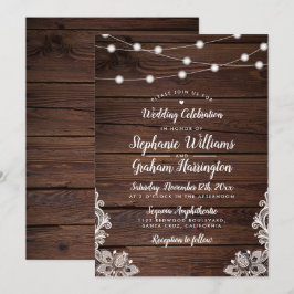Convites Arranjo Rustic Wood Script String Lights & Lace We
