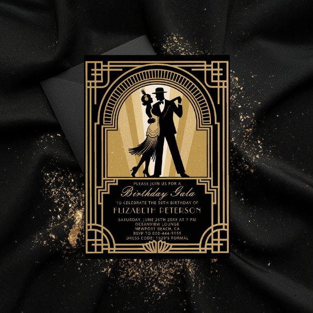 Convites Arrastando 20 Art Deco Gatsby Proibindo Aniversári (roaring 20s birthday party invitation art deco gatsby gold flapper frame elegant classy formal)