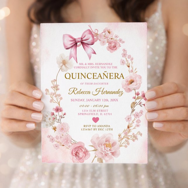 Convites Arrebol Rosa Suave Laço Quinceañera (Criador carregado)