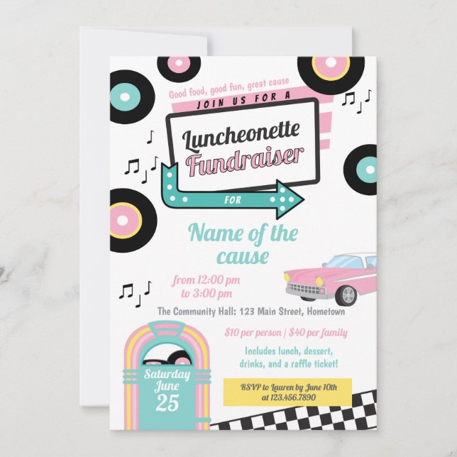 Convites Arrecadação de fundos da lanchonete retrô (Frente)