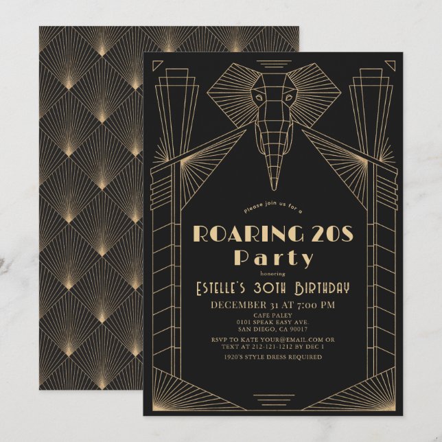 Convites Art Deco 1920, Elefante Roaring 20s Aniversário (Frente/Verso)