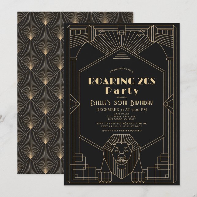 Convites Art Deco 1920, Gatsby Lion Roaring 20s Aniversário (Frente/Verso)