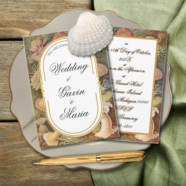 Convites Art Deco Art Nouveau Floral Dourada Tone Sea Life (Criador carregado)