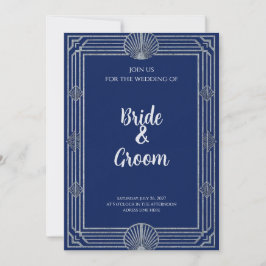 Convites Art Déco Azul Marinho Prateado Concha Elegante Náu