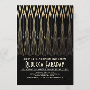 Convites Art Deco Black and Dourado Gatsby Festa de anivers