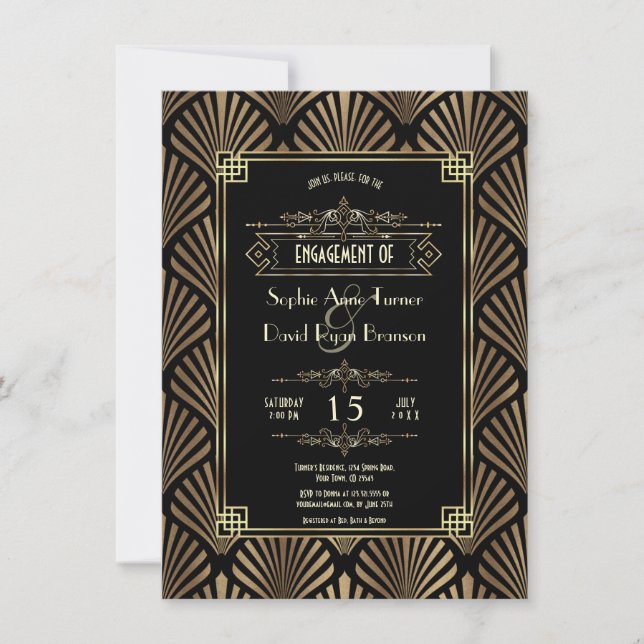 Convites Art Deco Black Gatsby Festa de noivado (Frente)
