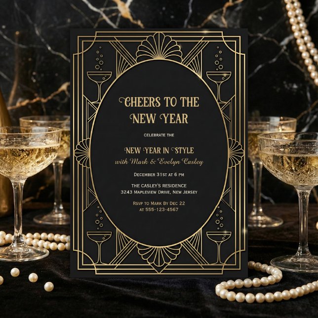 Convites Art Deco Black & Gold Cheers to the New Year (Cheers to the New Year – Art Deco Black & Gold, Champagne, Personalized)