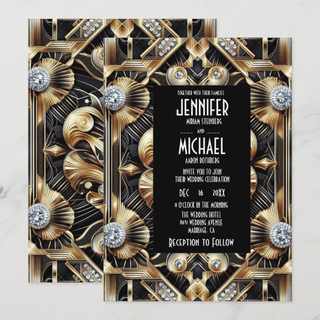 Convites Art Deco Black & Gold Diamond Wedding Invitations (Frente/Verso)