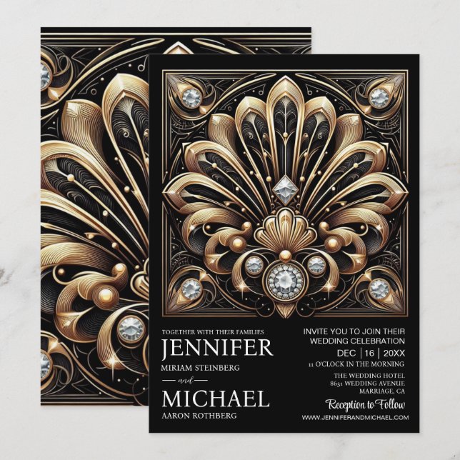 Convites Art Deco Black & Gold Diamond Wedding Invitations  (Frente/Verso)