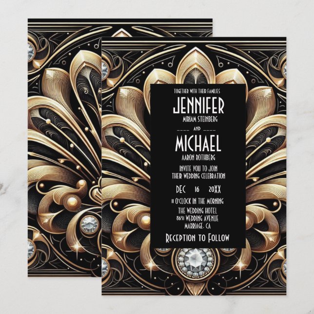 Convites Art Deco Black & Gold Diamond Wedding Invitations (Frente/Verso)