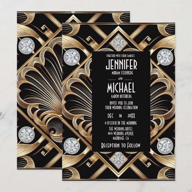Convites Art Deco Black & Gold Diamond Wedding Invitations (Frente/Verso)