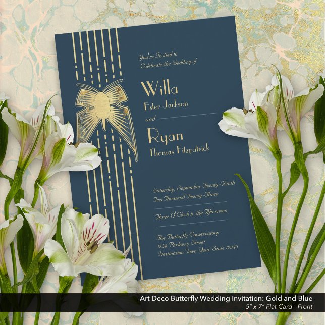 Convites Art Deco Borboleta Azul e Casamento Dourado (Art Deco Butterfly Blue and Gold Wedding Invitation - Front)
