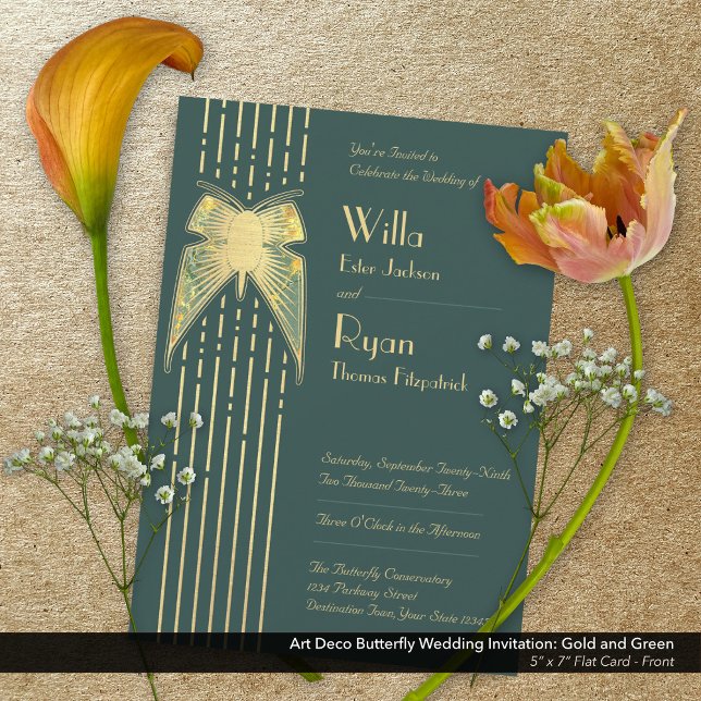 Convites Art Deco Borboleta Verde e Dourado Casamento (Art Deco Butterfly Green and Gold Wedding Invitation - Front)