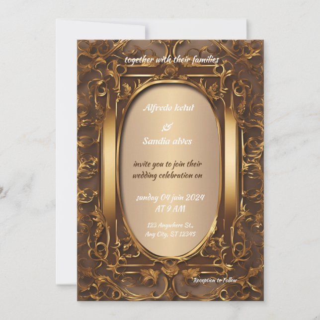 Convites Art Deco Casamento Diamond Brown e Gold Foil In (Frente)
