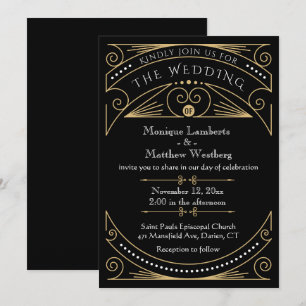 Convites Art Deco Casamento Preto e Dourado