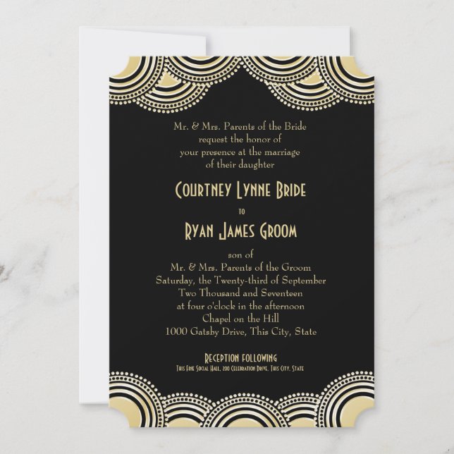 Convites Art Deco Center Palco Dourado e Negra (Frente)