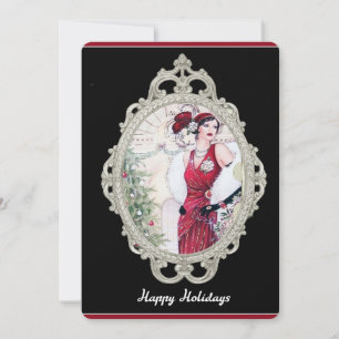 Convites Art Deco Christmas Flapper Woman em Vermelho