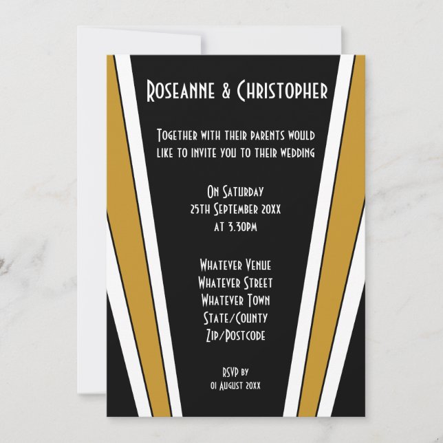 Convites Art Deco Design Black E Dourado Casamento (Frente)