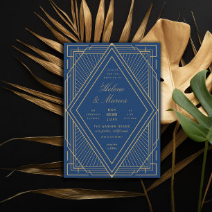 Convites Art Deco Diamond Marinho Blue e Dourado Casamento