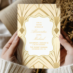 Convites Art Deco Diamond White e Dourado Casamento