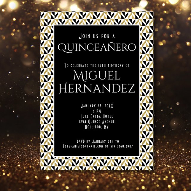 Convites Art Deco Dourado e Black Quinceañero 15 Aniversári (Criador carregado)