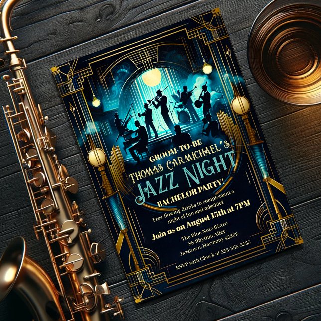 Convites Art Deco Elegance Jazz Night Bachelor Party (Criador carregado)