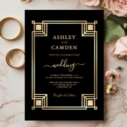 Convites Art Deco Elegant Gold Frame Black Wedding