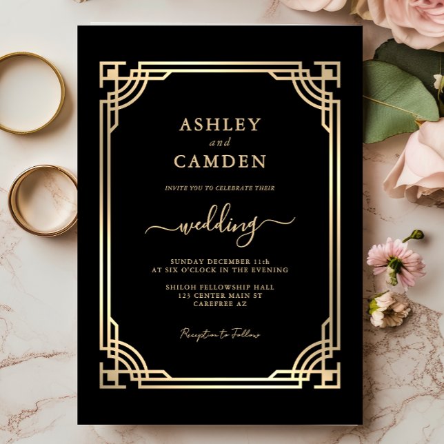 Convites Art Deco Elegant Gold Frame Wedding (Criador carregado)