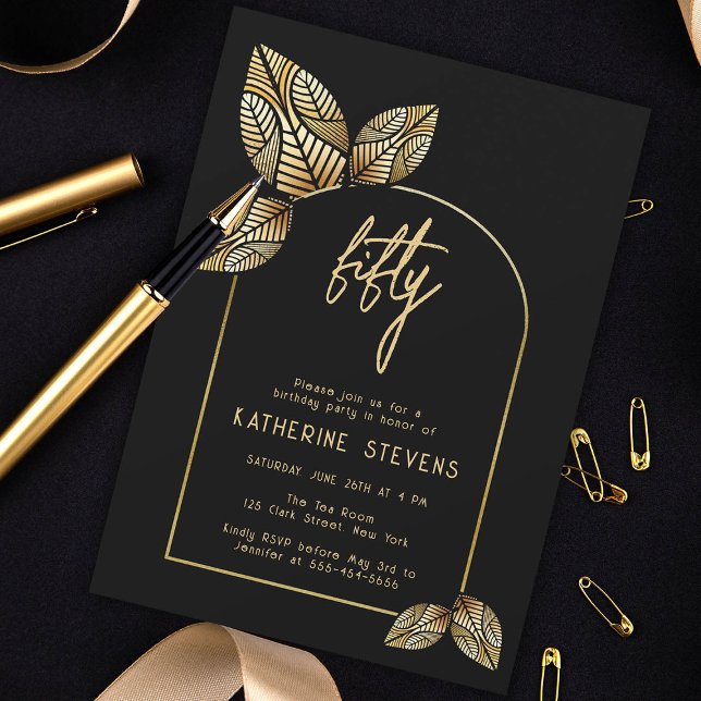 Convites Art Deco Foliage Dourado Boho Botânico 50º Anivers (art deco 50th birthday invitation card diy women botanical gold foliage stylized gatsby roaring 20s )