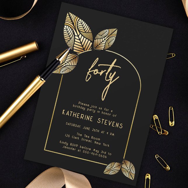 Convites Art Deco Foliage Dourado Boho Botânico aniversário (art deco gold black botanical leaf 40th birthday invitation card diy women gatsby roaring 20s classy)