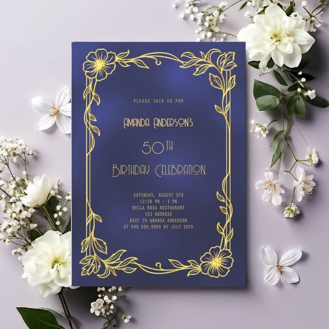 Convites Art Deco Gatsby blue gold birthday (Criador carregado)