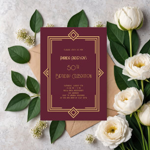 Convites Art Deco Gatsby Burgundy - aniversário de ouro