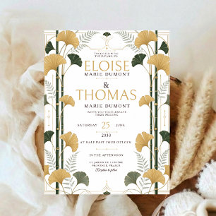 Convites Art Deco Ginkgo Casamento Botânico Bambu Dourado