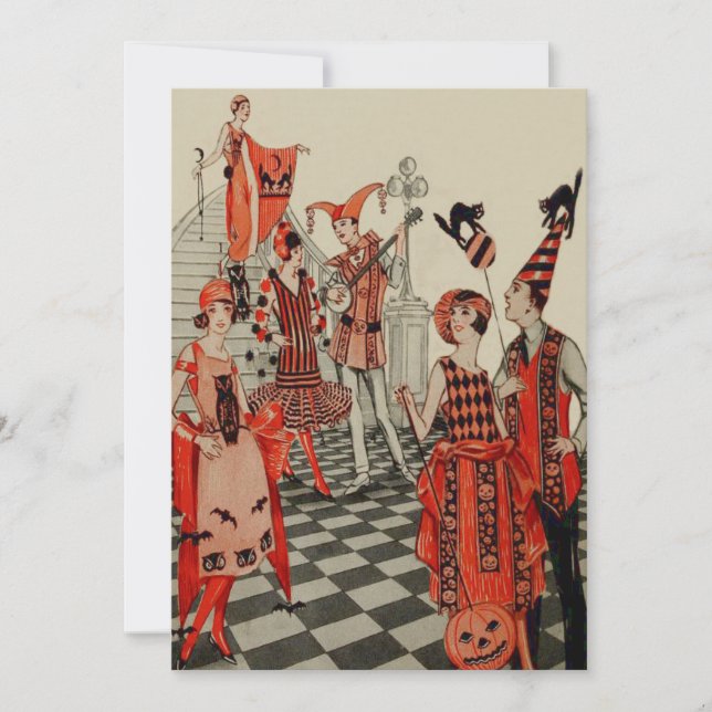 Convites Art Deco Halloween Party Black Cat Bat (Frente)