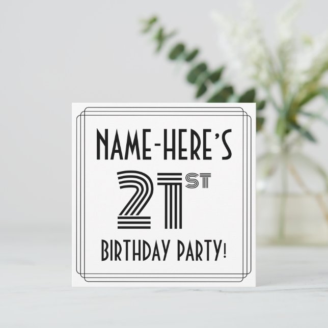 Convites Art Deco Inspired 21st Birthday Party, Custom Name (Em pé/Frente)