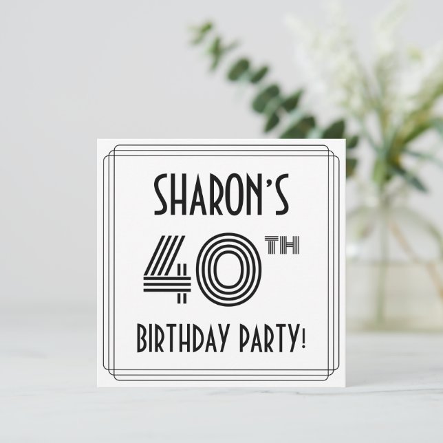 Convites Art Deco Inspired 40th Birthday Party, Custom Name (Em pé/Frente)