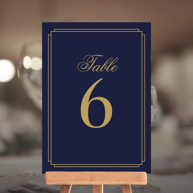 Convites Art Deco Marinho Azul E Dourado Número De Tabela (Art Deco Navy Blue And Gold Table Number)