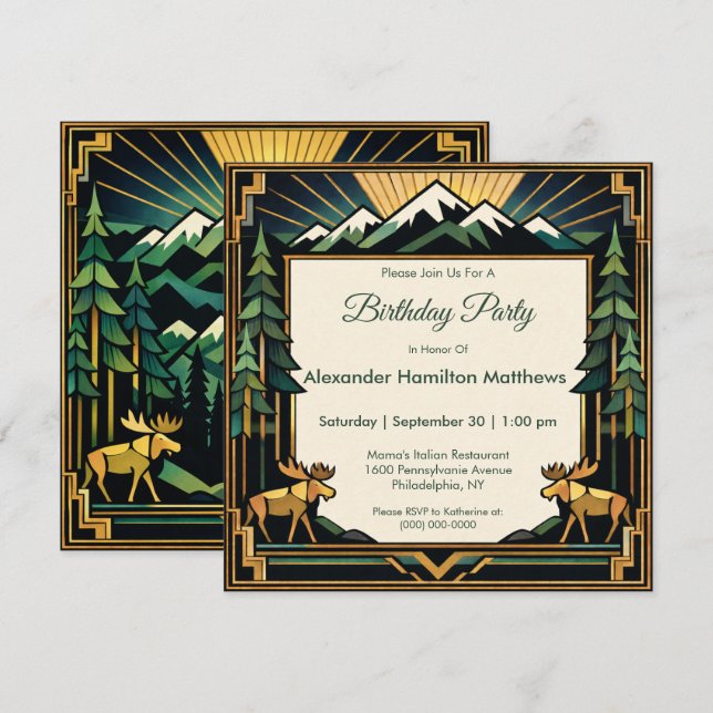 Convites Art Deco Mountain Forest Birthday Party (Frente/Verso)
