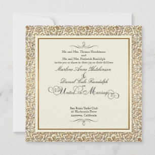 Convites Art Déco Nouveau Falso Dourado Floral Damasco Rend