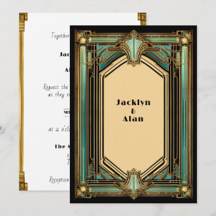 Convites Art Déco Ouro Turquesa Preto Casamento