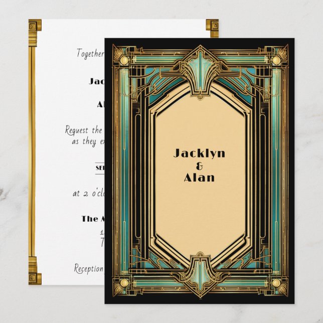 Convites Art Déco Ouro Turquesa Preto Casamento (Frente/Verso)