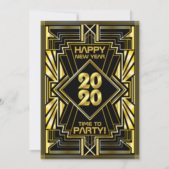 Convites Art Deco, Partido de Ano Novo 2020, Dourado Gatsby (Frente)