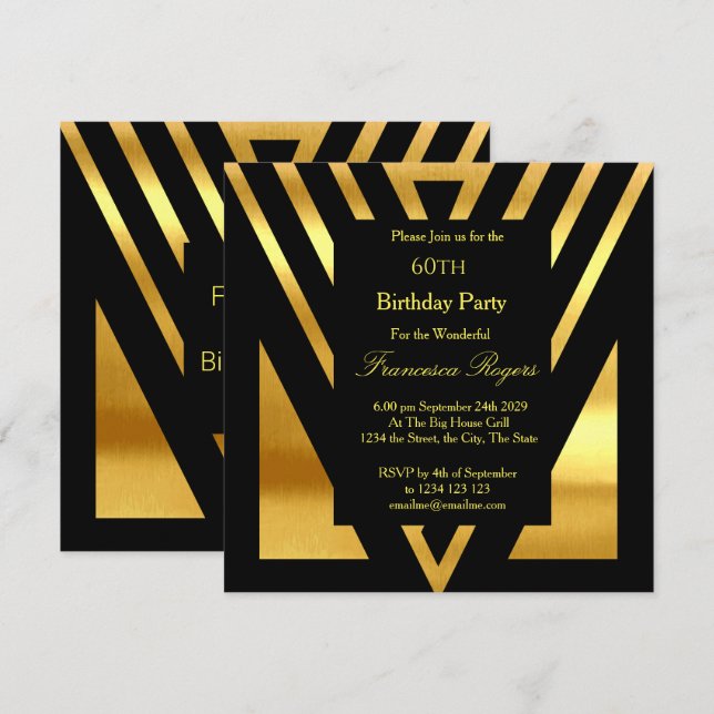 Convites ART DECO Popular 60º Festa de aniversário Dourado  (Frente/Verso)