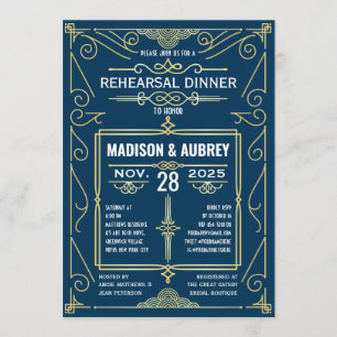 Convites Art deco que Wedding o jantar de ensaio azul