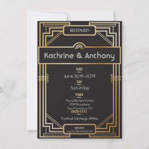 Convites Art Deco Recepção de Gatsby Preto e Dourado