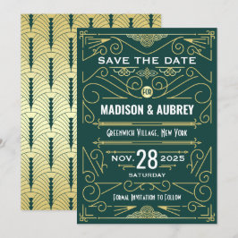Convites Art Deco Salve a Data Casamento Elegante Dourado V
